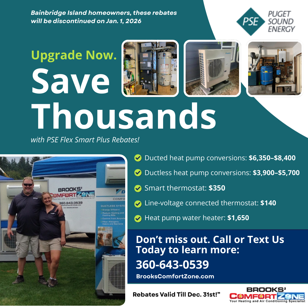Brooks Comfort Zone PSE Flex Smart Plus Rebates for Homeowners Bainbridge Island Wa